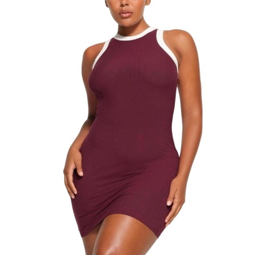 Skims Soft Lounge Dress DR-MIN-3931 Maroon Multi Ribbed Mini Racerback Small